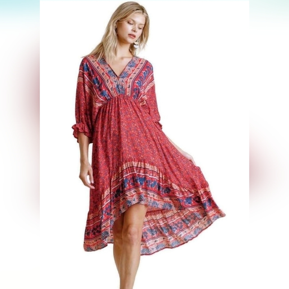 Umgee Red Boho Peasant High Low Back Tie Dress Women's Size Small in Red Mix